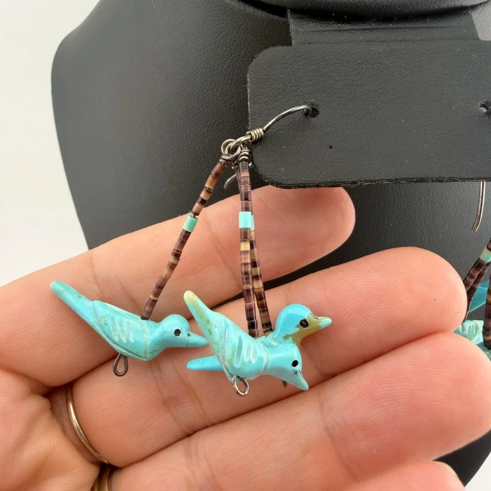 Native American Zuni Fetish Turquoise Bird Dangle Earrings Heishi Shell Boho